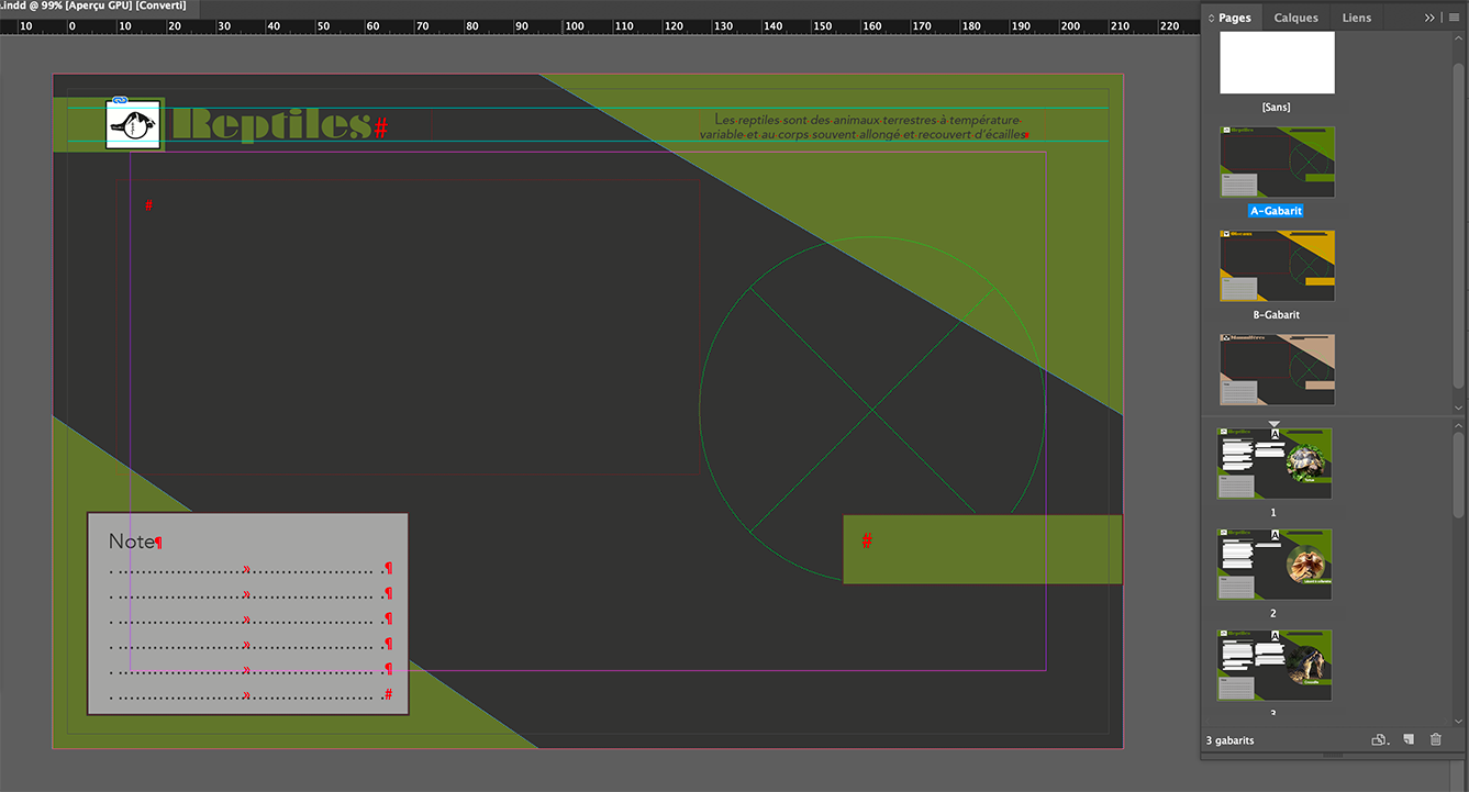 Capture d'écran d'indesign qui montre l'utilisation des gabarits