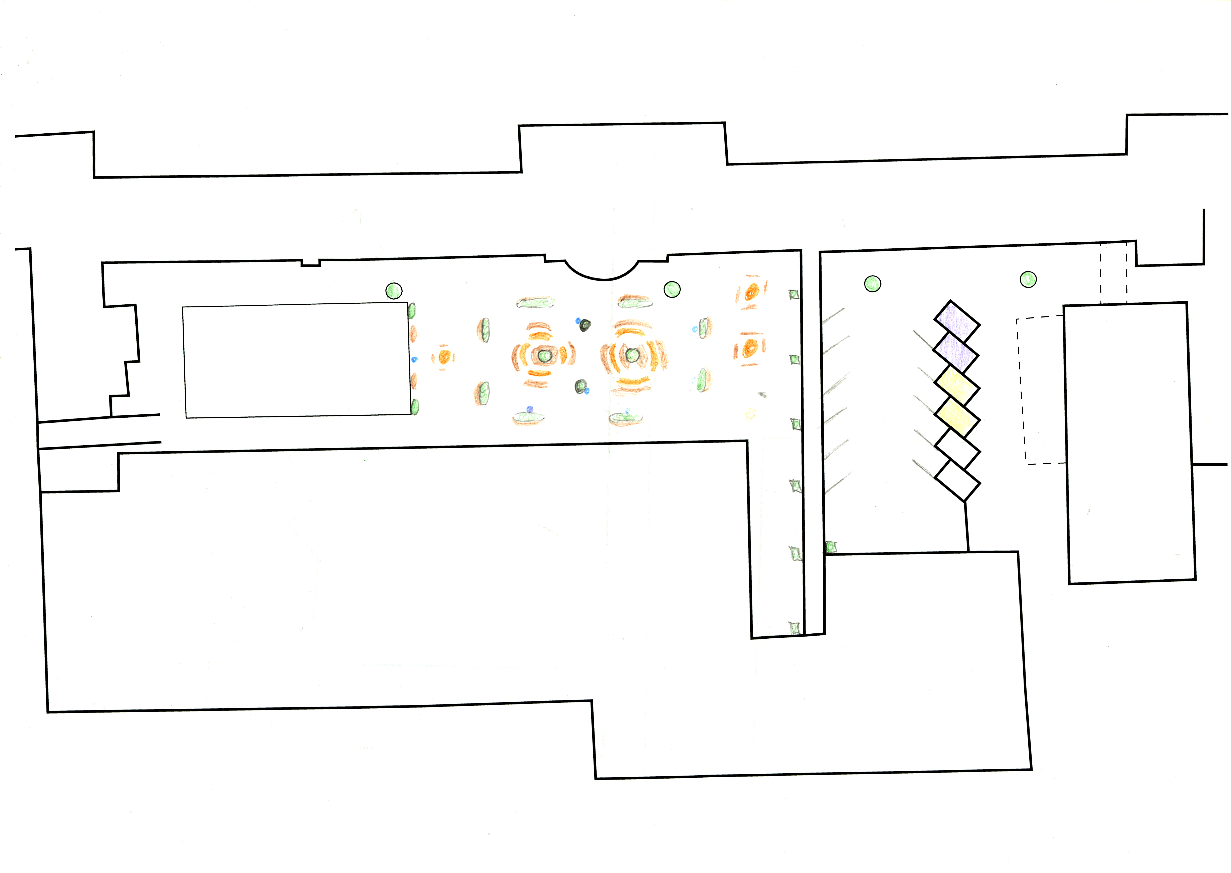 croquis de la cour de l'heaj avec des table ronde