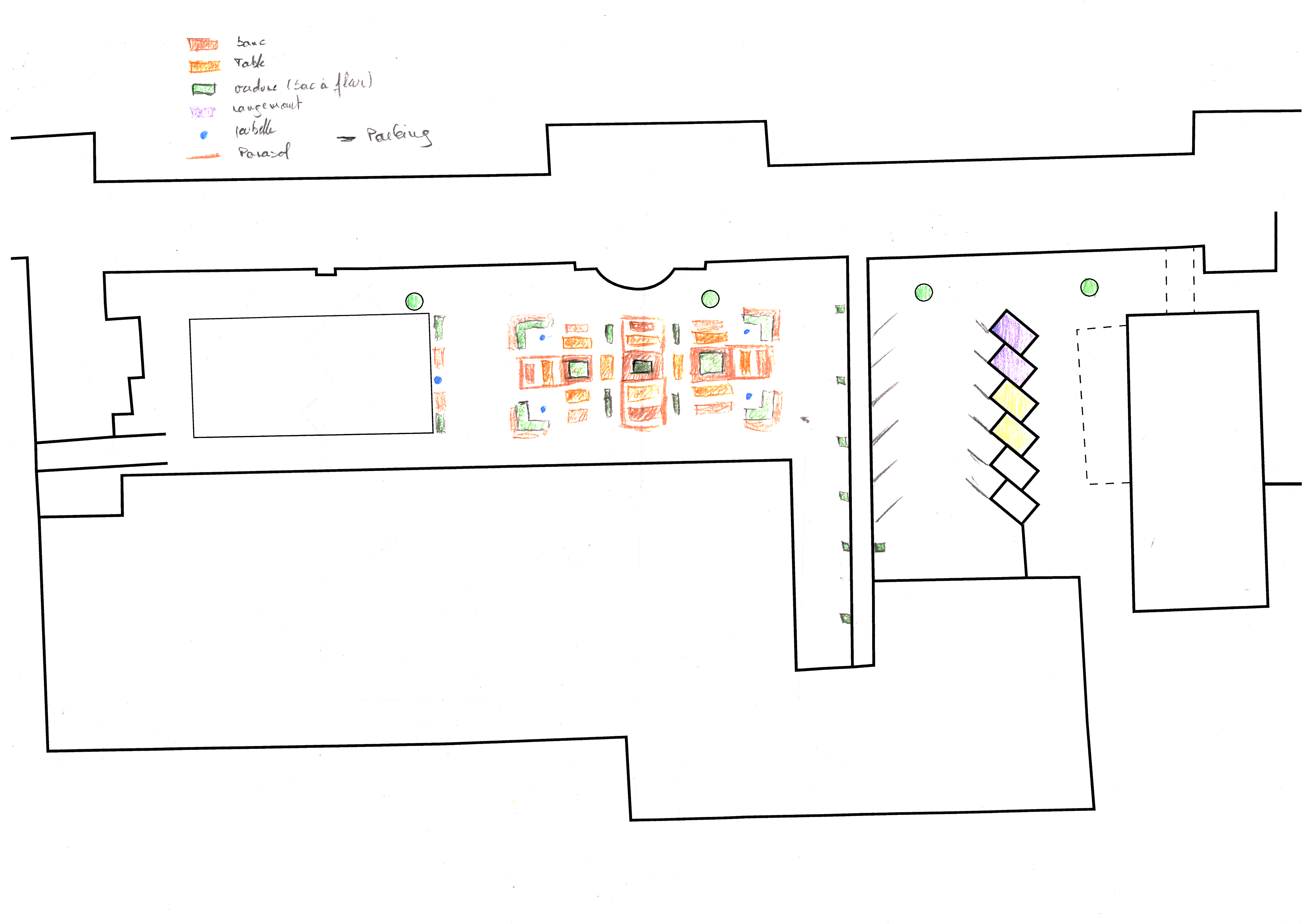 croquis de la cour de l'heaj avec des table carré