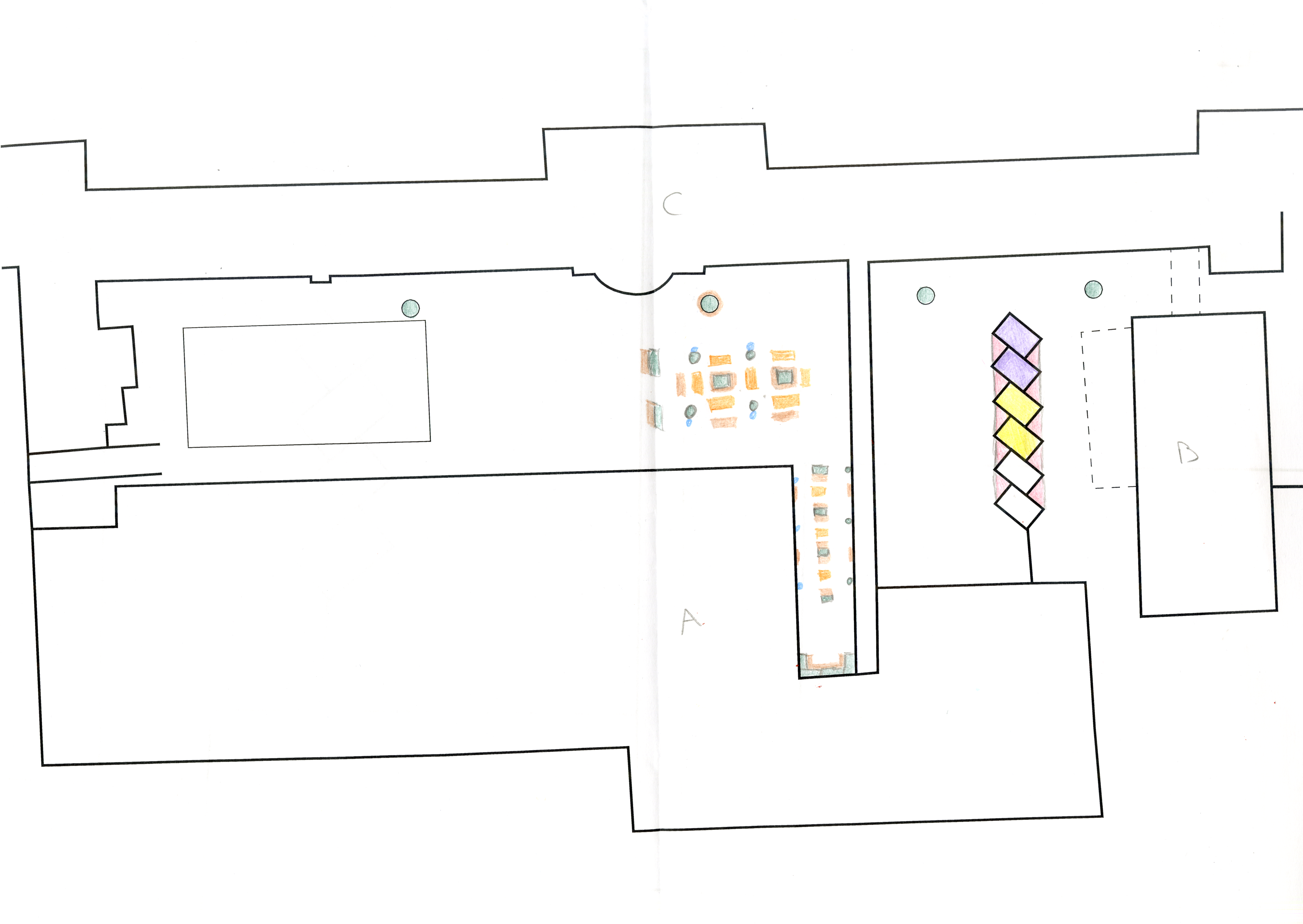 croquis de la cour de l'heaj avec des table carré