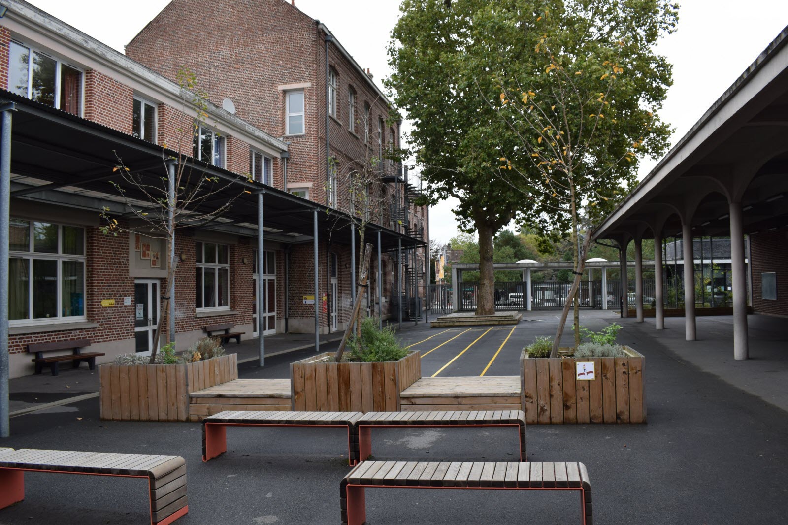des bancs dans une cour avec des arbres